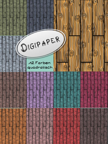 Holz, Holzbrett - Digipaper, digitales Papier, 12 Farben quadratisch