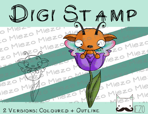 Digitaler Stempel, Digi Stamp Frühlingsmonster in Blume, 2 Versionen: Outlines, in Farbe