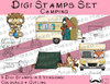 Digitales Stempel Set, Digi Stamps Set Camping, je 2 Versionen: Outlines, in Farbe