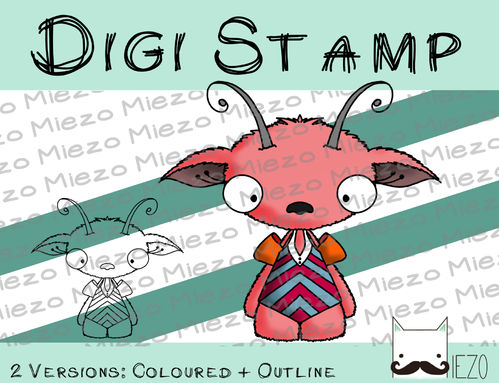 Digitaler Stempel, Digi Stamp Sommermonster mit Schwimmflügel, 2 Versionen: Outlines, in Farbe