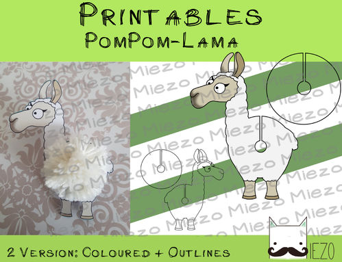 Printables Pompom-Lama, 2 Versionen: bunt und Outlines