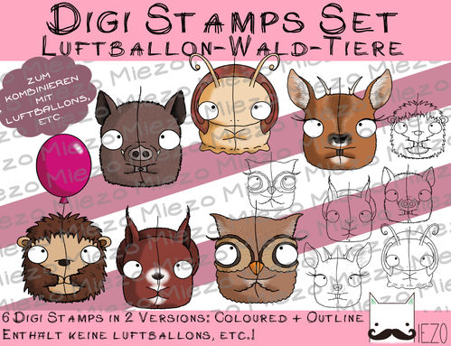 Set 6 Wald-Luftballon-Figuren, Digi Stamps, je  2 Versionen: Outlines, in Farbe
