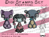 Digi Stamps Set Knopftiere (Katze, Bär, Puppe), je 2 Versionen: Outlines, in Farbe
