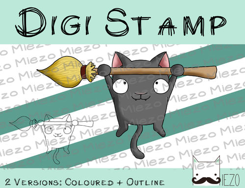 Digitaler Stempel, Digi Stamp Hexenkatze mit Hexenbesen, 2 Versionen: Outlines, in Farbe