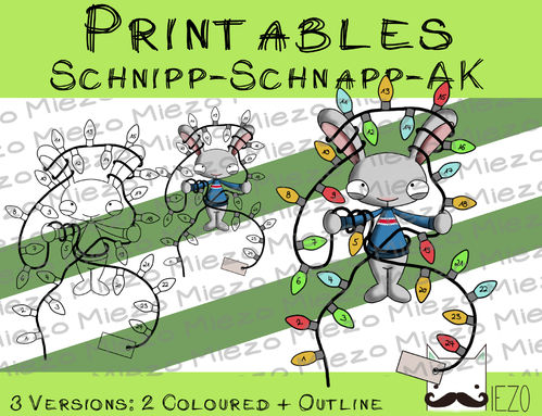 Schnipp-Schnapp-Adventskalender Hase mit Lichterkette, Printable, 2 Versionen: Outlines, in Farbe