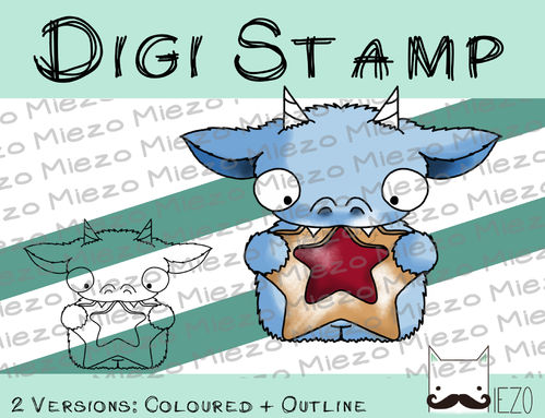 Digitaler Stempel, Digi Stamp Monster mit Sternchen-Plätzchen, 2 Versionen: Outlines, in Farbe