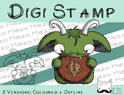 Digitaler Stempel, Digi Stamp Monster mit Schoko-Plätzchen, 2 Versionen: Outlines, in Farbe