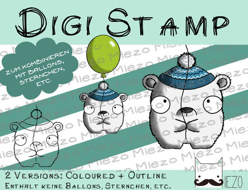 Luftballon-Tier Digi Stamp Eisbär, 2 Versionen: Outlines, in Farbe