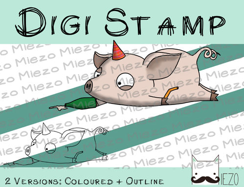 Digitaler Stempel, Digi Stamp Silvesterschwein betrunken, 2 Versionen: Outlines, in Farbe