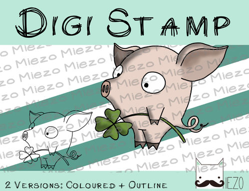 Digitaler Stempel, Digi Stamp Silvesterschwein mit Kleeblatt, 2 Versionen: Outlines, in Farbe