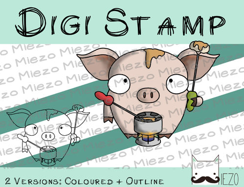 Digitaler Stempel, Digi Stamp Silvesterschwein mit Käsefundue, 2 Versionen: Outlines, in Farbe