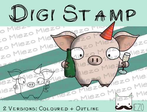 Digitaler Stempel, Digi Stamp Silvesterschwein mit Sektflasche, 2 Versionen: Outlines, in Farbe