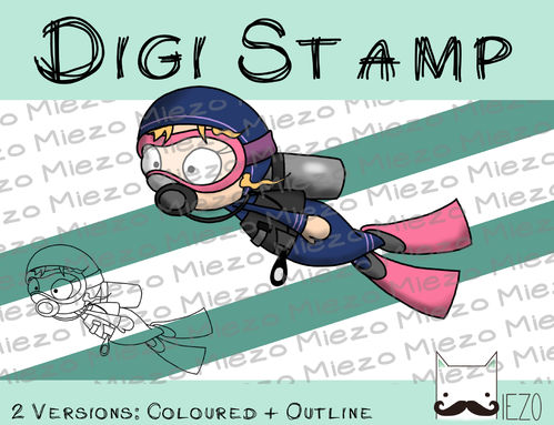 Digitaler Stempel, Digi Stamp Taucherin, 2 Versionen: Outlines, in Farbe