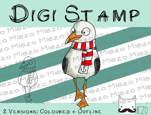 Digitaler Stempel, Digi Stamp Möwe mit rotem Schal, 2 Versionen: Outlines, in Farbe