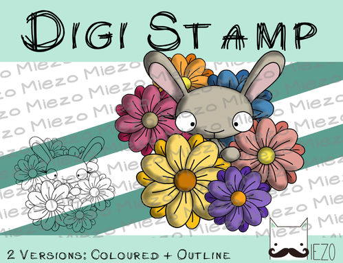 Digitaler Stempel, Digi Stamp Hase im Blütenmeer, 2 Versionen: Outlines, in Farbe