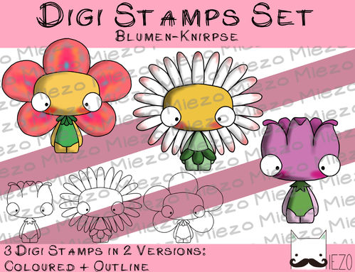 Digitaler Stempel Set, Digi Stamps Set Blumen-Knirpse , 2 Versionen: Outlines, in Farbe