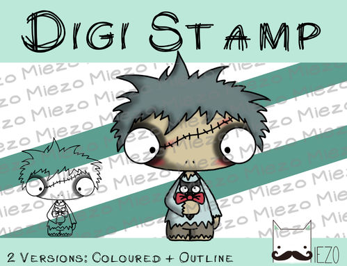 Digitaler Stempel, Digi Stamp Zombie-Knirps mit Fledermaus, 2 Versionen: Outlines, in Farbe