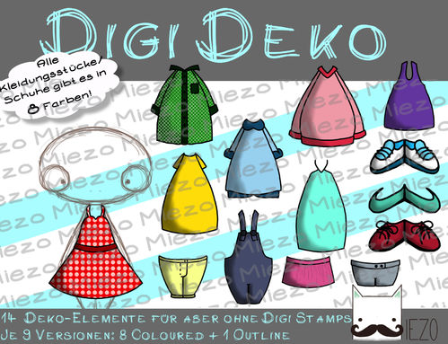 Digi Deko Kleidung/Schuhe, Accessoires für Digistamps , je 9 Versionen: Outlines, 8 in Farbe