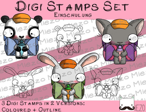 Digitale Stempel Set, Digi Stamps Set Einschulungsknirpse, je 2 Versionen: Outlines, in Farbe