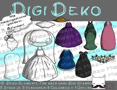Digi Deko Braut- und Abendmode, Accessoires für Digistamps , je 9 Versionen: Outlines, 8 in Farbe