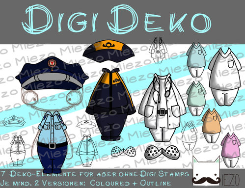 Digi Deko Berufskleidung, Accessoires für Digistamps , je 9 Versionen: Outlines, 8 in Farbe