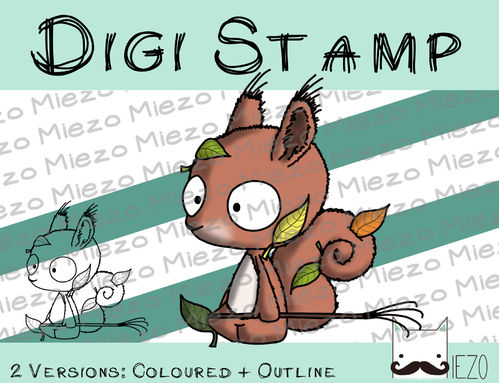 Digitaler Stempel, Digi Stamp Eichhörnchen mit Harke, 2 Versionen: Outlines, in Farbe