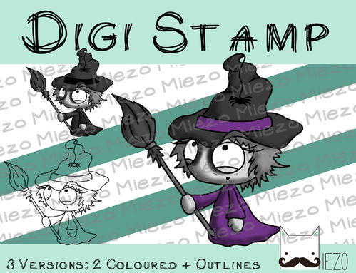 Digitaler Stempel, Digi Stamp Knirps Hexe, 3 Versionen: Outlines, 2 in Farbe