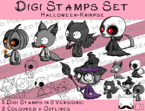 Set Digitale Stempel, Digi Stamps Halloween Knirpse ,je 3 Versionen: Outlines, 2 in Farbe
