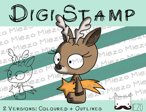 Digi Stamp Weihnachts-Knirps Rentier mit Sternschnuppe, 2 Versionen: Outlines, in Farbe