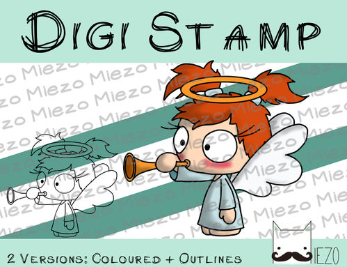 Digitaler Stempel, Digi Stamp Knirps Engel mit Posaune, 2 Versionen: Outlines, in Farbe