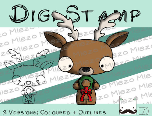 Digi Stamp Weihnachts-Knirps Rentier mit Kranz, 2 Versionen: Outlines, in Farbe