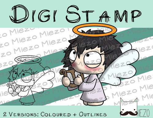 Digitaler Stempel, Digi Stamp Knirps Engel mit Harfe, 2 Versionen: Outlines, in Farbe