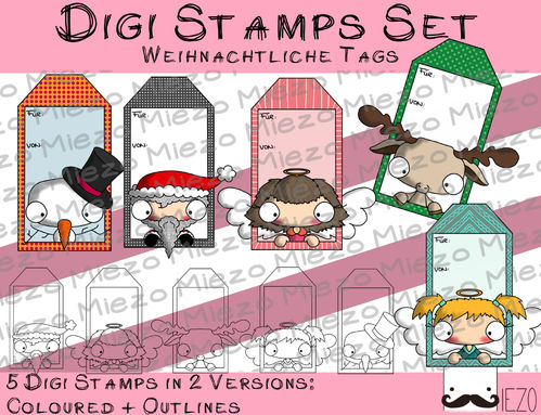 Set Digitale Stempel, Digi Stamps Tags/Anhänger, je 2 Versionen: Outlines, in Farbe