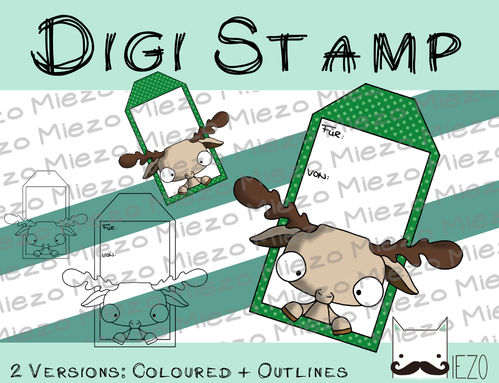 Digitaler Stempel, Digi Stamp Tag/Anhänger Elch, 2 Versionen: Outlines, in Farbe