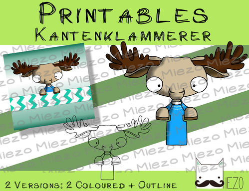 Printables Kantenklammerer Elch, 2 Versionen: Outlines, in Farbe