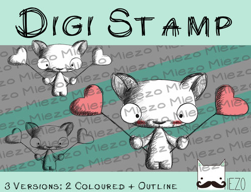 Digitaler Stempel, Digi Stamp Scribble-Knirps Katze mit Herzschilder, 3 Versionen: Outlines, 2 Farbe