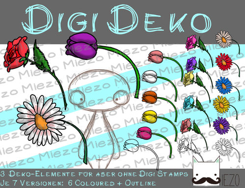 Digi Deko Blumen, Accessoires für Digistamps , je 7  Versionen: Outlines, 6 in Farbe