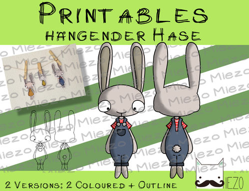 Printable hängender Hase mit Latzhose, 2 Versionen: Outlines, in Farbe