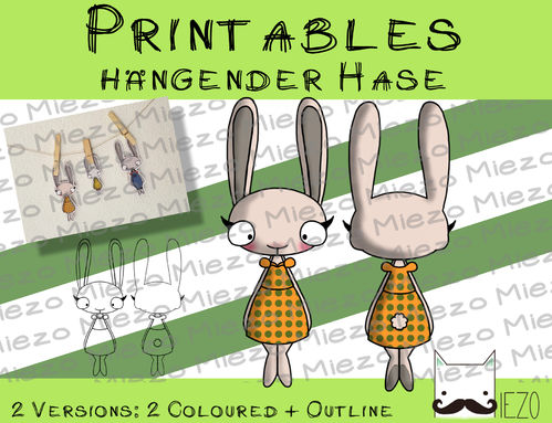 Printable hängendes Hasenmädchen, 2 Versionen: Outlines, in Farbe