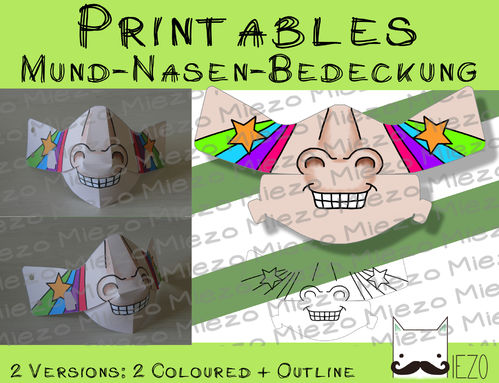 Printables Mund-Nasen-Bedeckung Einhorn, 2 Versionen: bunt, Outlines