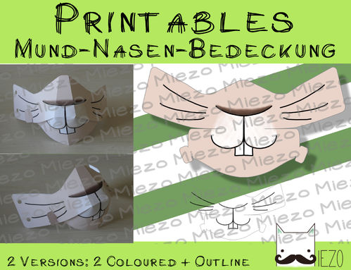 Printables Mund-Nasen-Bedeckung Hase, 2 Versionen: bunt, Outlines
