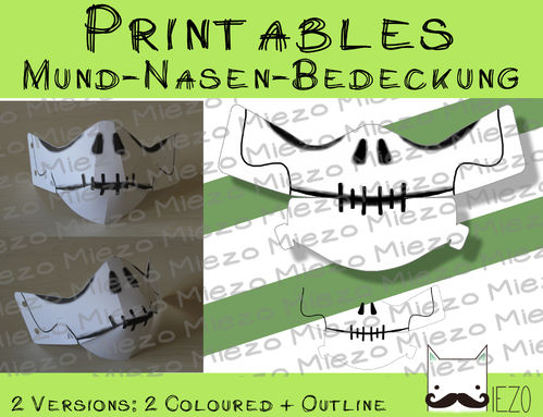 Printables Mund-Nasen-Bedeckung Totenkopf, 2 Versionen: bunt, Outlines