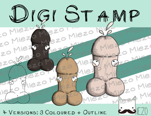 Digitaler Stempel, Digi Stamp Pimmel mit Tropfen, 4 Versionen: Outlines, 3 in Farbe