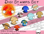 Digitale Stempel, Digi Stamps Set Planeten,  je 2 Versionen: Outlines, in Farbe