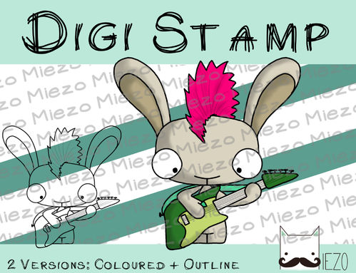 Digitaler Stempel, Digi Stamp Bandhase/Musiker E-Gitarre, 2 Versionen: Outlines, in Farbe
