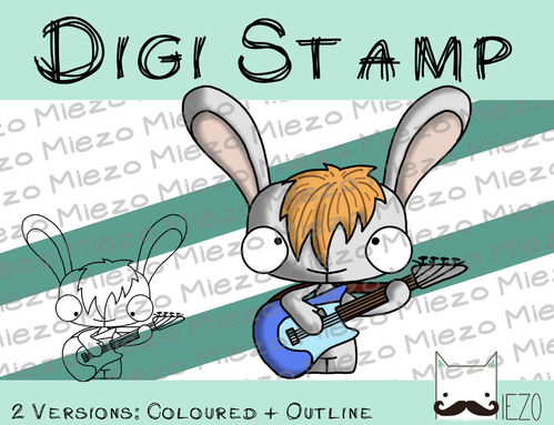 Digitaler Stempel, Digi Stamp Bandhase/Musiker Bassgitarre, 2 Versionen: Outlines, in Farbe