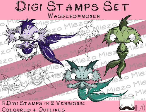Set Digitale Stempel, Digi Stamps Wasserdämonen, je 2 Versionen: Outlines, in Farbe