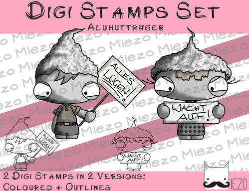 Digitaler Stempel, Digi Stamp Aluhutträger und -trägerin, je 2 Versionen: Outlines, in Farbe