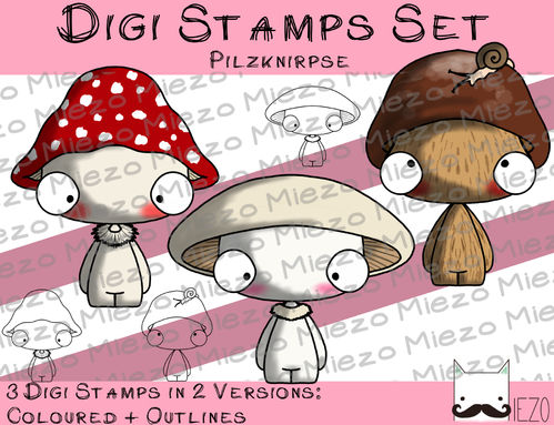 Set Digitale Stempel, Digi Stamps Pilzknirpse, je 2 Versionen: Outlines, in Farbe