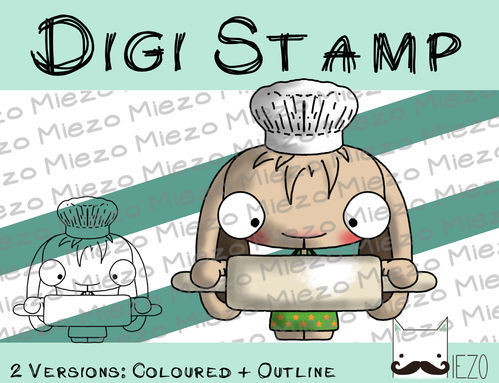 Digitaler Stempel, Digi Stamp Weihnachtsbäckerei-Hase mit Nudelholz , 2 V.: Outlines, in Farbe
